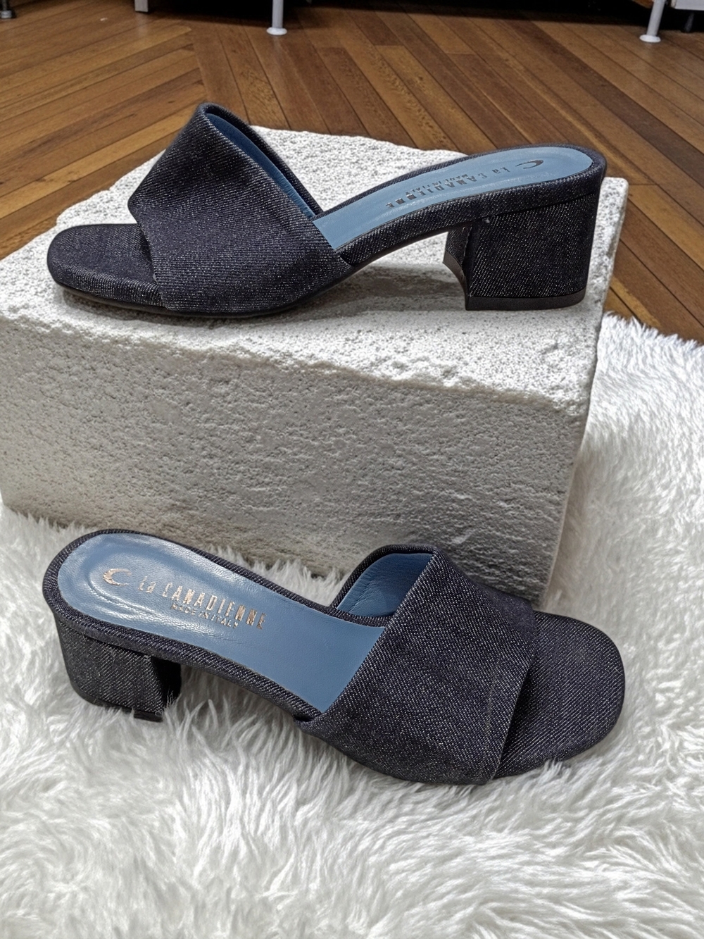 La CANADIENNE Frida Navy Denim Slide Mule Block Heel EU 35.5/ US Size 5.5